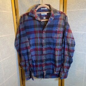 VTG‎ Arrow Brigade Mens Flannel Shirt Medium Blue Burgundy Plaid Fitted Cotton